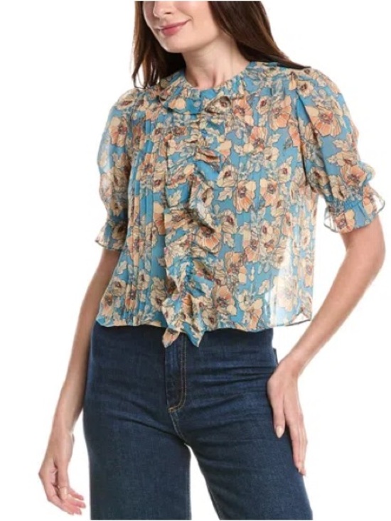 CAbi Tops - Cabi Cherish Blue Floral Ruffle Blouse Sz S
